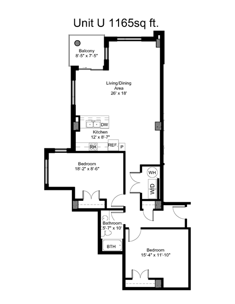 Floor plan for 2 beds, 1 bath, 1164 sqft